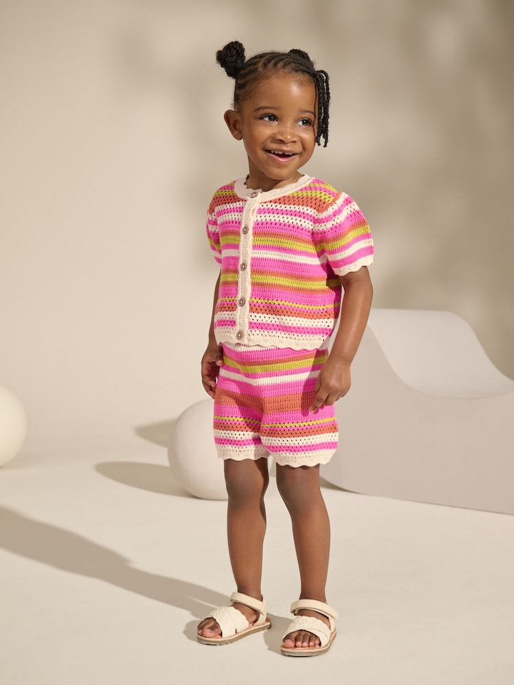 Pink Knitted Stripe Co-ord 100% Cotton Top & Shorts Set (3mths-7yrs) - Image 1 of 8