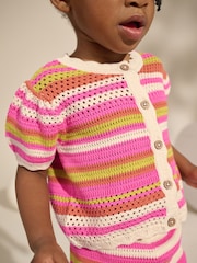 Pink Knitted Stripe Co-ord 100% Cotton Top & Shorts Set (3mths-7yrs) - Image 3 of 8
