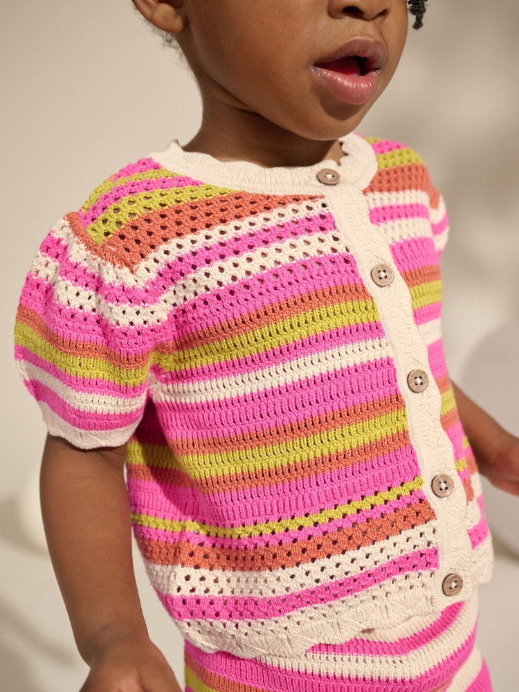 Pink Knitted Stripe Co-ord 100% Cotton Top & Shorts Set (3mths-7yrs) - Image 3 of 8
