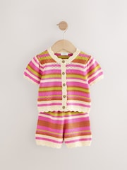 Pink Knitted Stripe Co-ord 100% Cotton Top & Shorts Set (3mths-7yrs) - Image 4 of 8