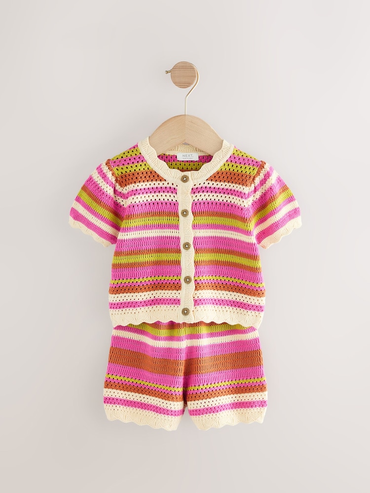 Pink Knitted Stripe Co-ord 100% Cotton Top & Shorts Set (3mths-7yrs) - Image 4 of 8