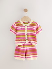 Pink Knitted Stripe Co-ord 100% Cotton Top & Shorts Set (3mths-7yrs) - Image 5 of 8