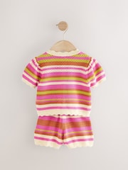 Pink Knitted Stripe Co-ord 100% Cotton Top & Shorts Set (3mths-7yrs) - Image 6 of 8