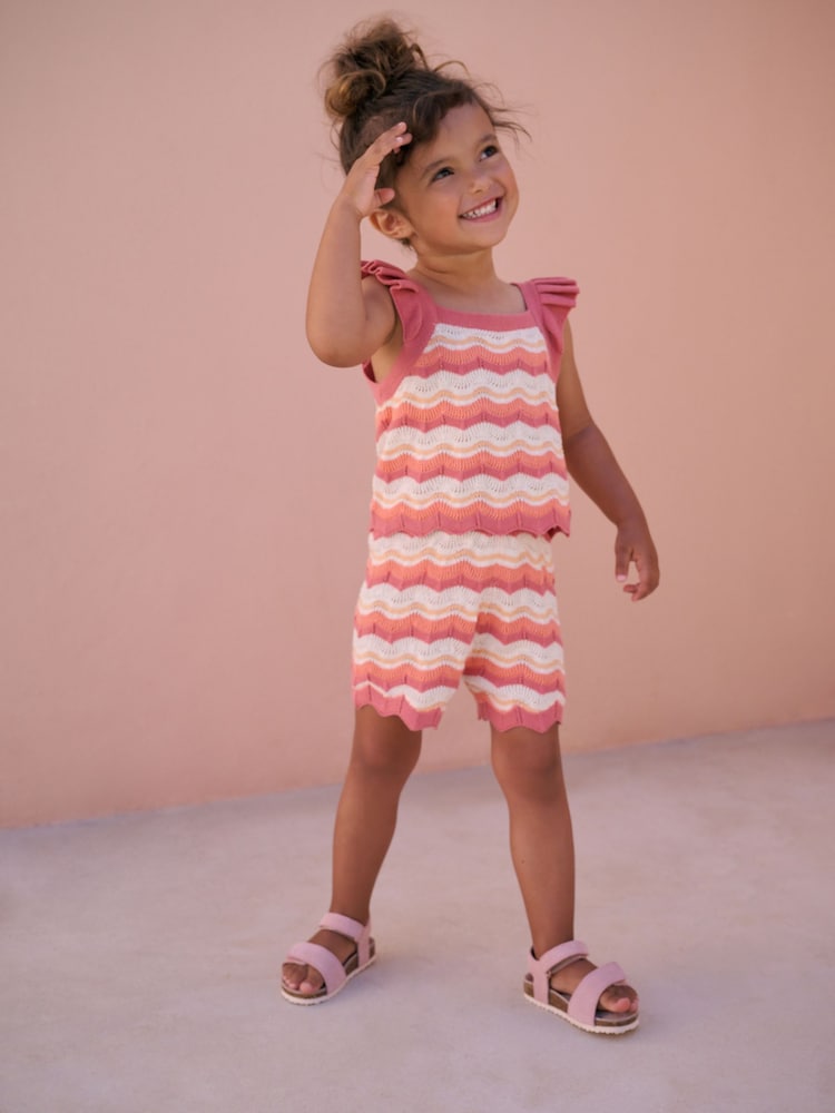 Orange/White 100% Cotton Knitted Top and Shorts Set (3mths-7yrs) - Image 1 of 4