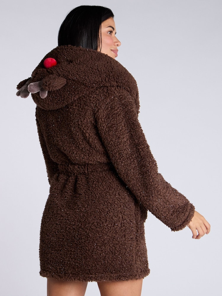 Boux Avenue Borg Christmas Reindeer Brown Dressing Gown - Image 2 of 6