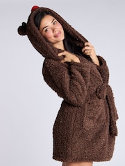 Boux Avenue Borg Christmas Reindeer Brown Dressing Gown - Image 4 of 6