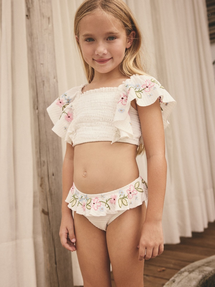 White Ruffle Embroidered Bikini (3-16yrs) - Image 1 of 8