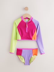 Multi Colourblock Long Sleeve Zip Front Bikini (3-16yrs) - Image 4 of 7