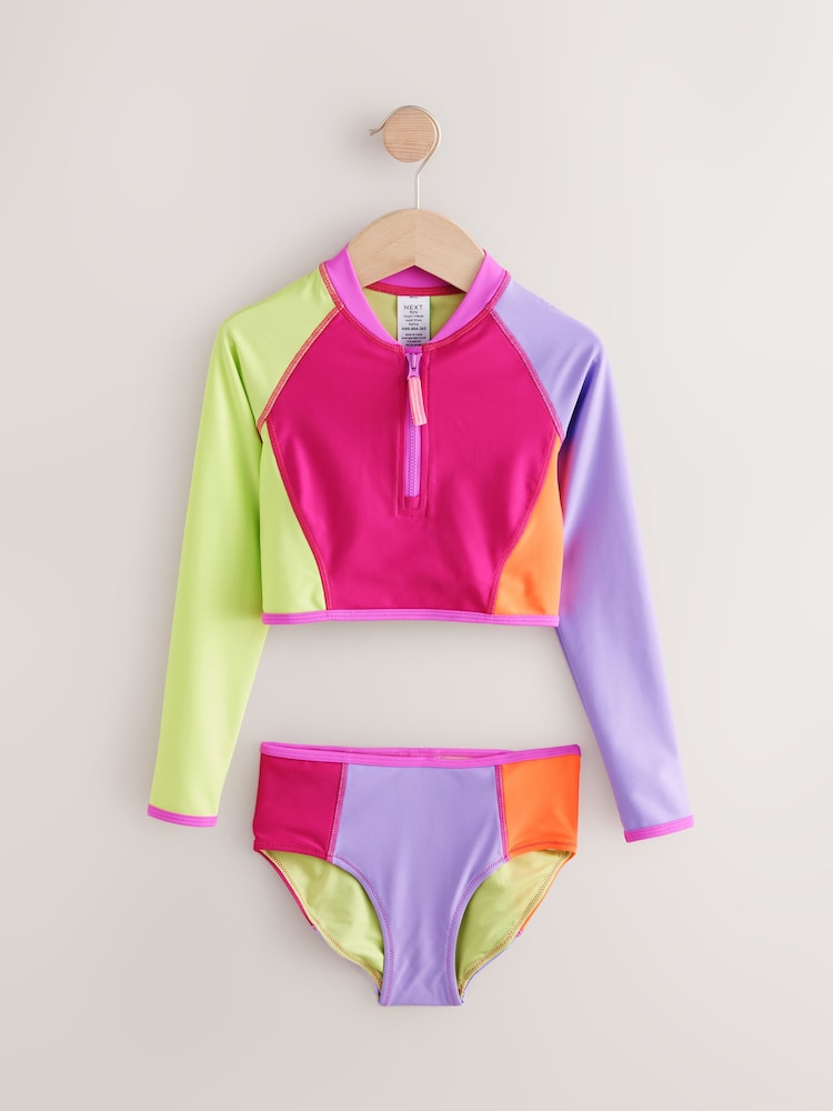 Multi Colourblock Long Sleeve Zip Front Bikini (3-16yrs) - Image 4 of 7