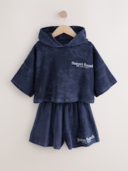 Navy Blue Slogan Towelling Beach Co-Ord Hoodie And Shorts Set (3-16yrs) - Image 5 of 9