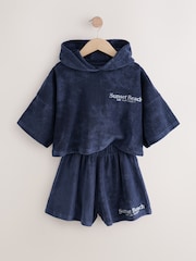 Navy Blue Slogan Towelling Beach Co-Ord Hoodie And Shorts Set (3-16yrs) - Image 6 of 9