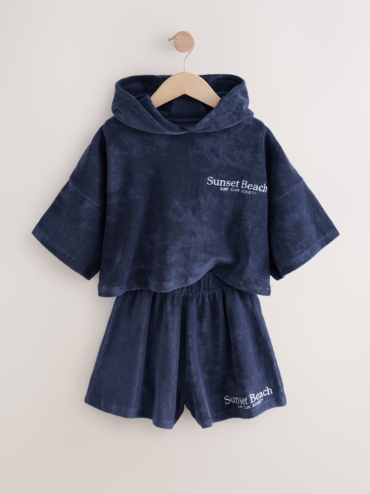 Navy Blue Slogan Towelling Beach Co-Ord Hoodie And Shorts Set (3-16yrs) - Image 6 of 9