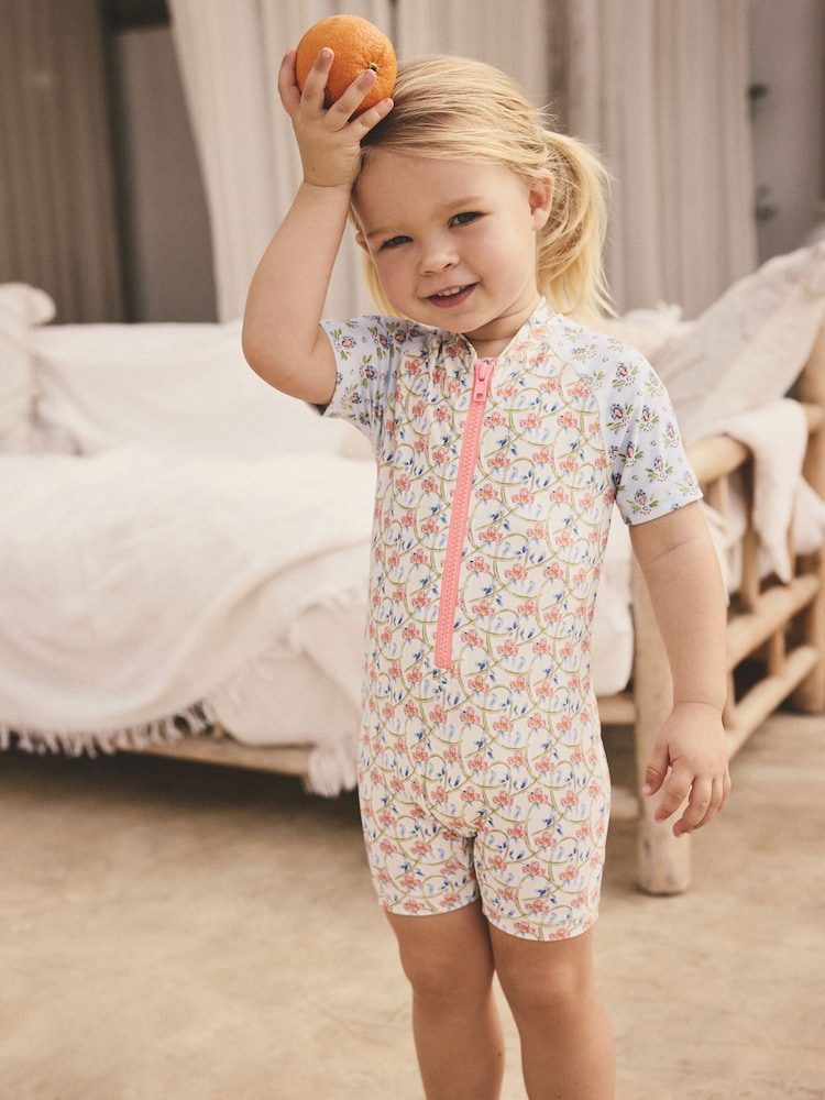 Blue/Pink Floral Frill Sleeve Sunsafe Swimsuit (3mths-10yrs) - Image 1 of 8
