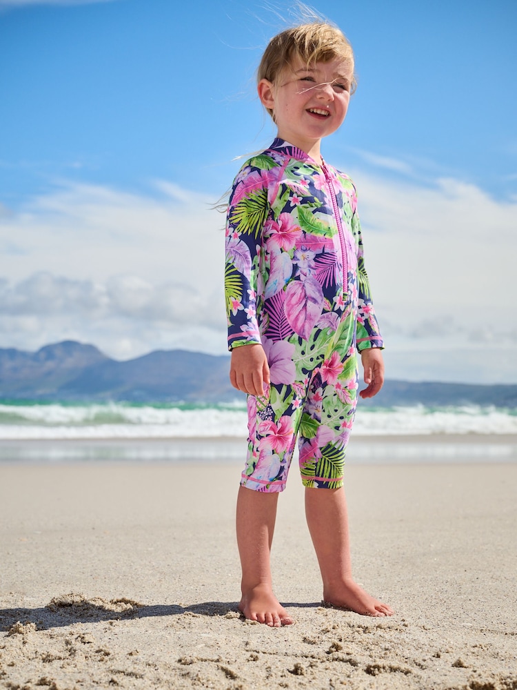 Marine/Violet Tropical - Maillot de bain longue jambe Sunsafe (3mths-8yrs) - Image 1 of 8