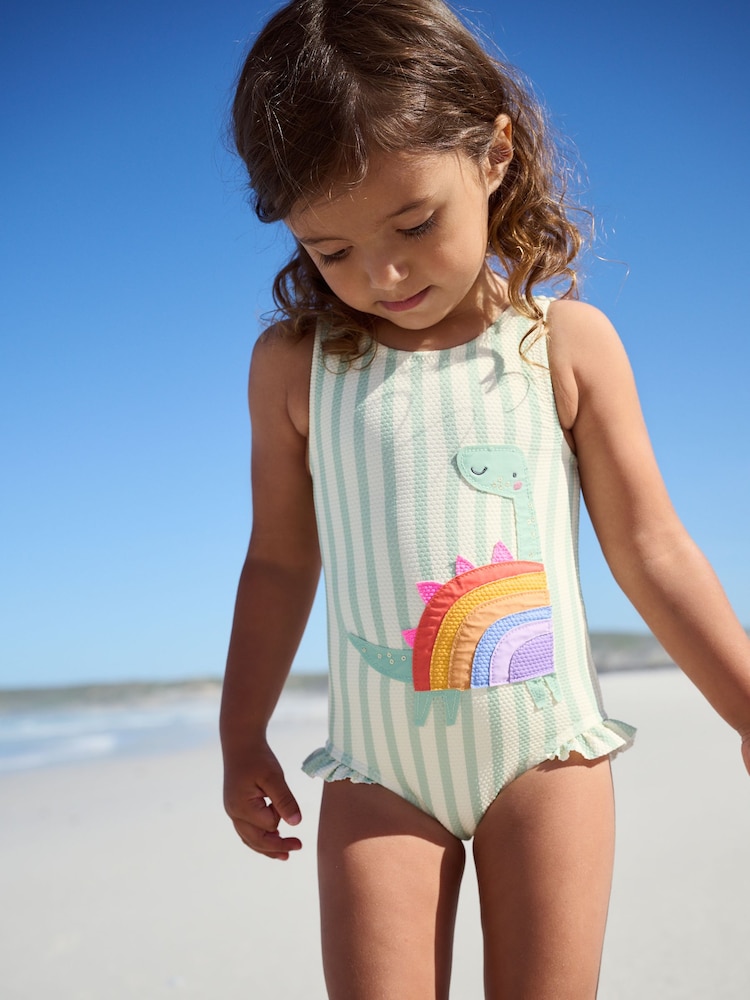 Green/Ecru Stripe Dinosaur Frill Leg Swimsuit (3mths-7yrs) - Image 1 of 7