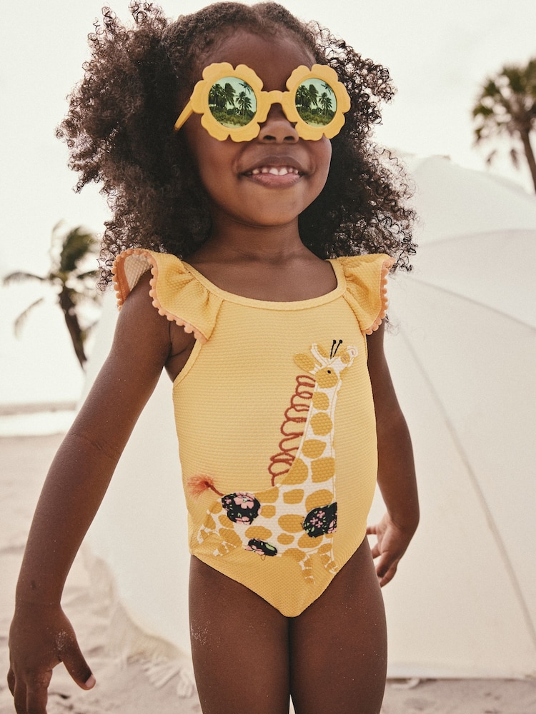 Ochre Yellow Giraffe Frill Shoulder Swimsuit (3mths-7yrs) - Image 1 of 8