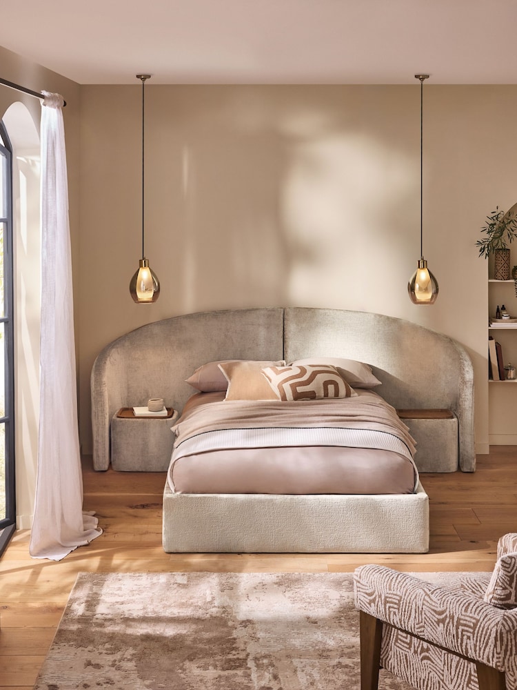 Plush Chenille Oyster Alderley Upholstered Ottoman Hotel Bed with Seating Bedsides - Image 1 of 9