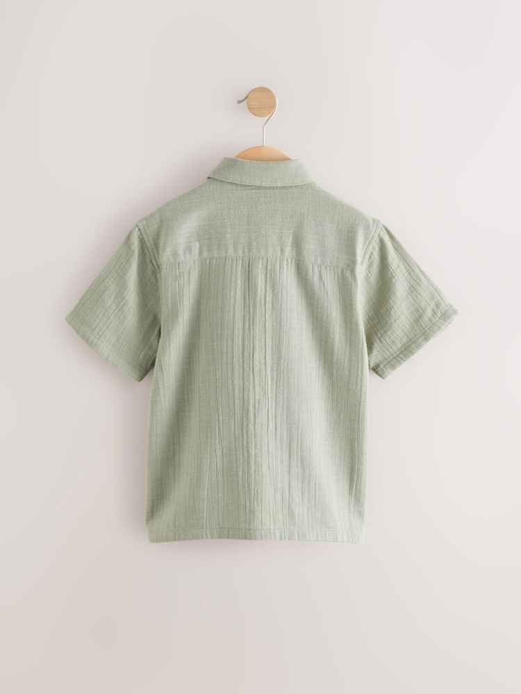 Khaki Green Double Cloth 100% Cotton Short Sleeves Textured Shirt (3-16yrs) - Image 2 of 4