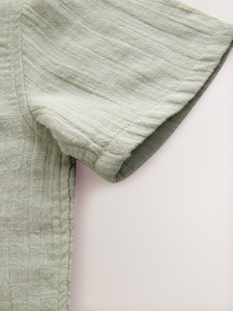 Khaki Green Double Cloth 100% Cotton Short Sleeves Textured Shirt (3-16yrs) - Image 4 of 4