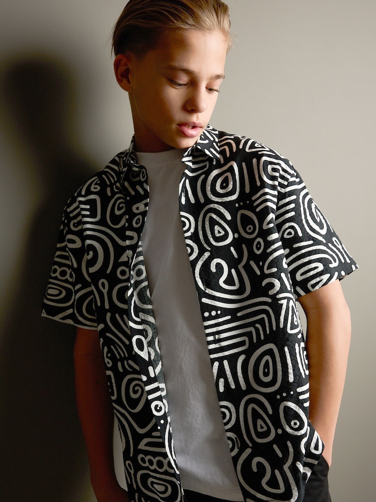 Black/White Swirl AOP Short Sleeve Printed Shirt (3-16yrs) - Image 2 of 9 Black/White Swirl AOP Short Sleeve Printed Shirt (3-16yrs) - Image 2 of 9