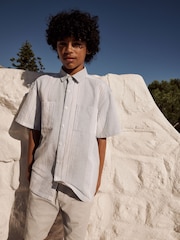Pale Blue Short Sleeve Linen Blend Stripe Shirt (3-16yrs) - Image 1 of 11