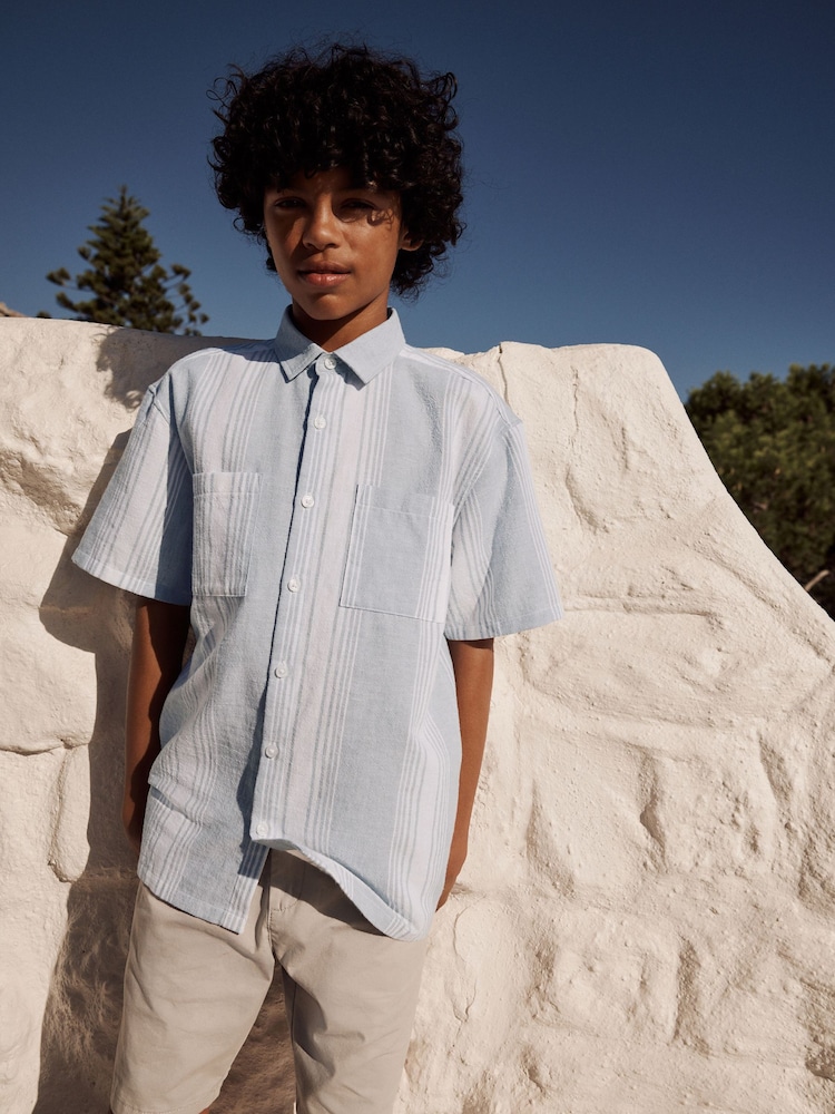 Pale Blue Short Sleeve Linen Blend Stripe Shirt (3-16yrs) - Image 2 of 11 Pale Blue Short Sleeve Linen Blend Stripe Shirt (3-16yrs) - Image 2 of 11