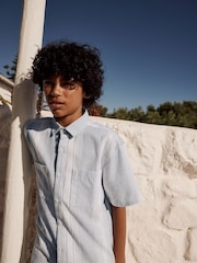 Pale Blue Short Sleeve Linen Blend Stripe Shirt (3-16yrs) - Image 6 of 11