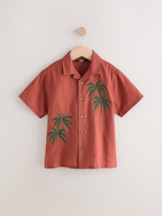 Rust Brown Short Sleeves Revere Collar Palm Printed Shirt (3-16yrs) - Image 1 of 4