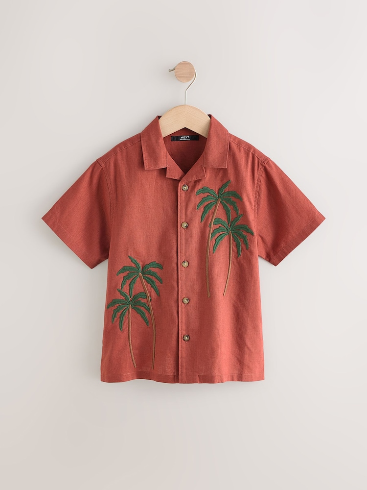Rust Brown Short Sleeves Revere Collar Palm Printed Shirt (3-16yrs) - Image 1 of 4