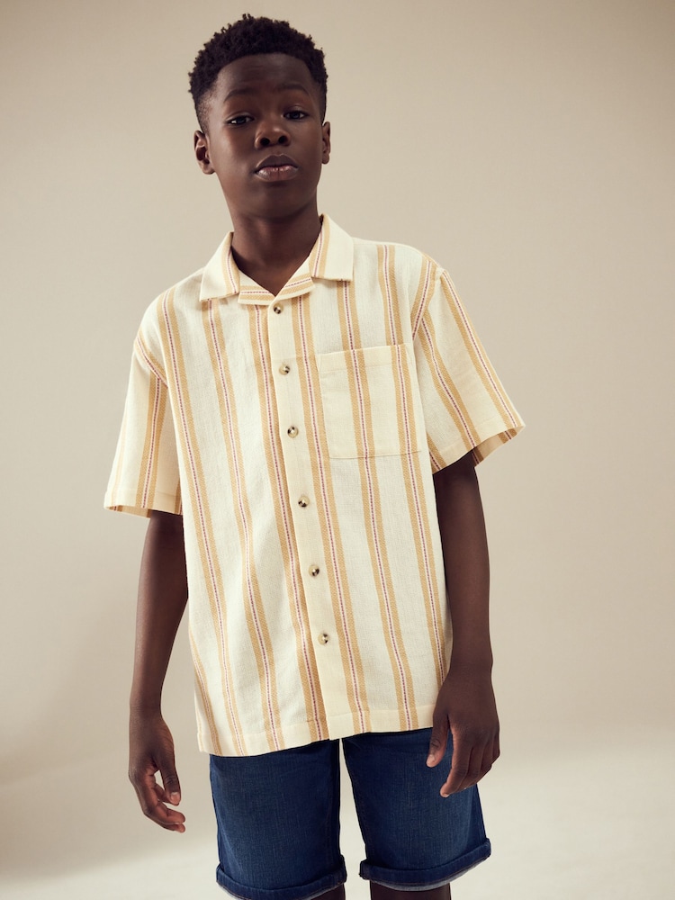 Yellow Stripe Short Sleeves Revere Collar Texture Stripe Shirt (3-16yrs) - Image 1 of 1