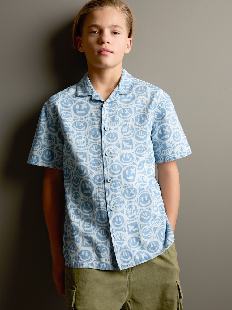 Blue Face AOP Short Sleeves 100% Cotton Revere Collar All Over Print Shirt (3-16yrs) - Image 1 of 7