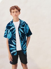 Navy Blue Short Sleeves Revere Collar Palm Printed Shirt (3-16yrs) - Image 1 of 7