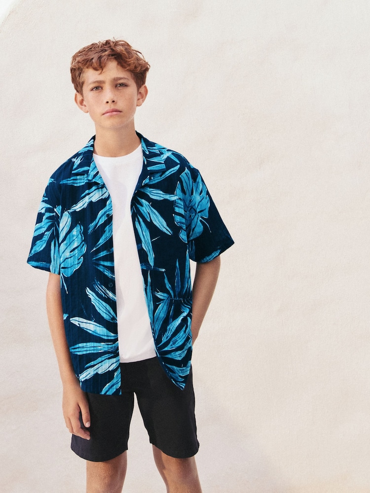 Navy Blue Short Sleeves Revere Collar Palm Printed Shirt (3-16yrs) - Image 1 of 7