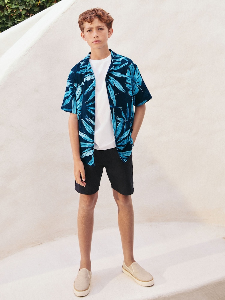 Navy Blue Short Sleeves Revere Collar Palm Printed Shirt (3-16yrs) - Image 2 of 7