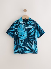 Navy Blue Short Sleeves Revere Collar Palm Printed Shirt (3-16yrs) - Image 4 of 7