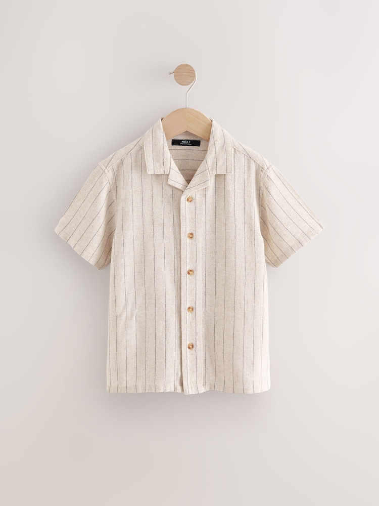 Ecru Stripe Short Sleeves Revere Collar Texture Stripe Shirt (3-16yrs) - Image 1 of 4 Ecru Stripe Short Sleeves Revere Collar Texture Stripe Shirt (3-16yrs) - Image 1 of 4