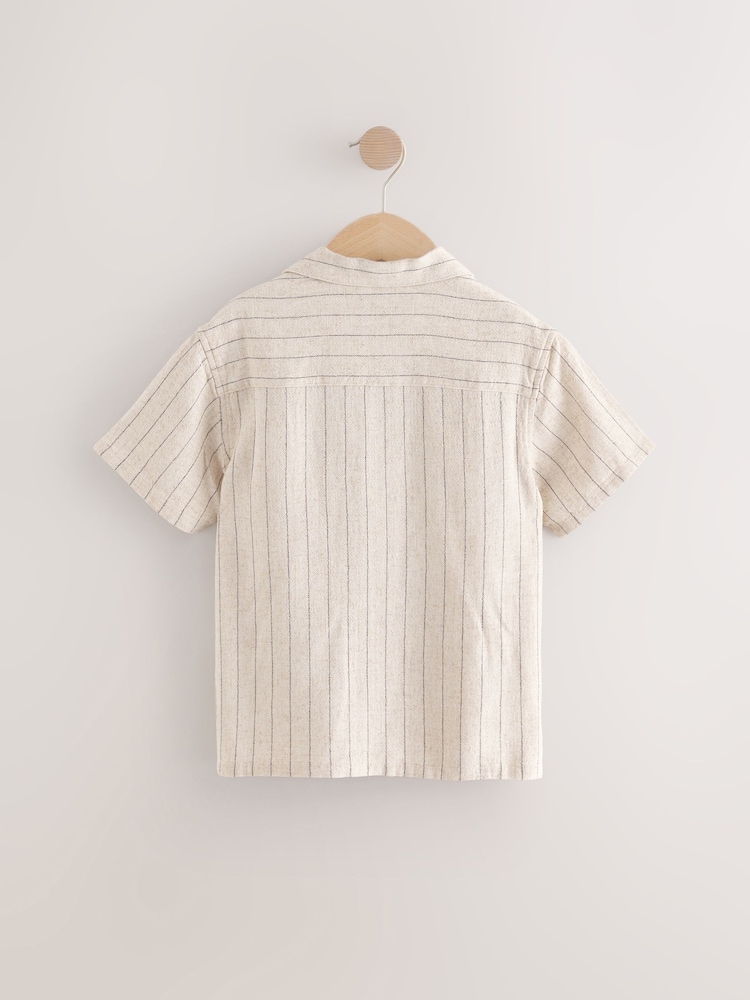 Ecru Stripe Short Sleeves Revere Collar Texture Stripe Shirt (3-16yrs) - Image 2 of 4 Ecru Stripe Short Sleeves Revere Collar Texture Stripe Shirt (3-16yrs) - Image 2 of 4