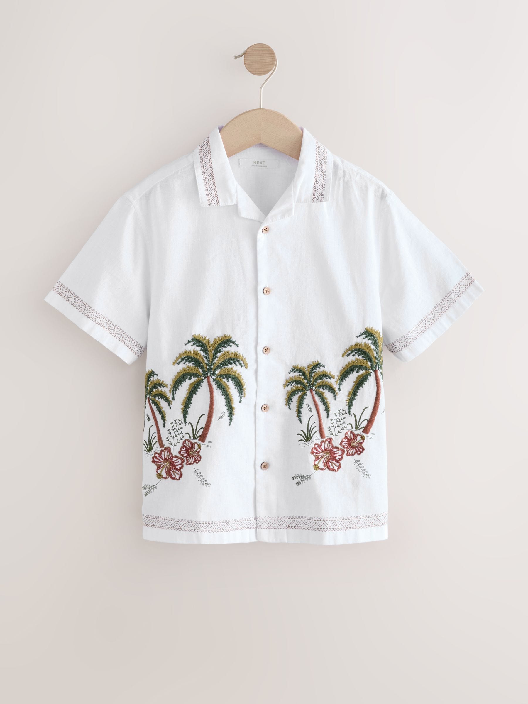 Buy White Palm Tree Short Sleeves Revere Collar Shirt (3-16yrs