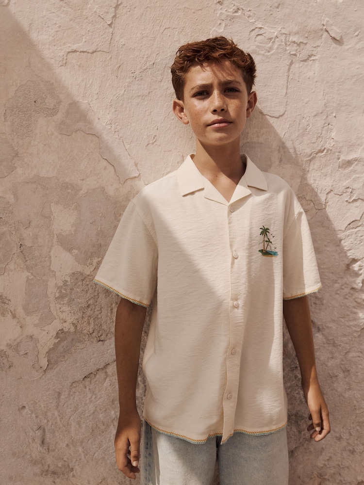 Ecru Palm Back Print Short Sleeves Revere Collar Palm Printed Shirt (3-16yrs) - Image 1 of 11 Ecru Palm Back Print Short Sleeves Revere Collar Palm Printed Shirt (3-16yrs) - Image 1 of 11