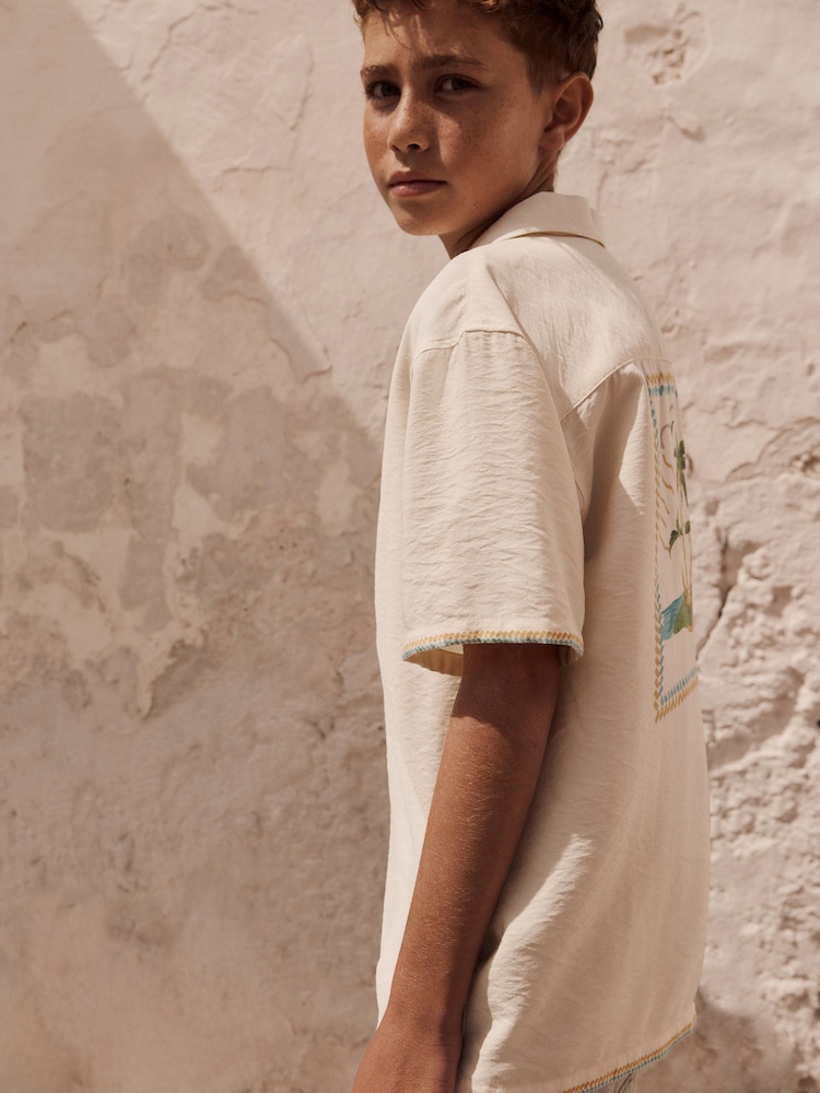 Ecru Palm Back Print Short Sleeves Revere Collar Palm Printed Shirt (3-16yrs) - Image 2 of 11 Ecru Palm Back Print Short Sleeves Revere Collar Palm Printed Shirt (3-16yrs) - Image 2 of 11