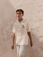 Ecru Palm Back Print Short Sleeves Revere Collar Palm Printed Shirt (3-16yrs) - Image 4 of 11