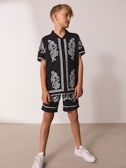 Black/White Short Sleeve Boarder Printed Shirt and Shorts Set (3-16yrs) - Image 2 of 4