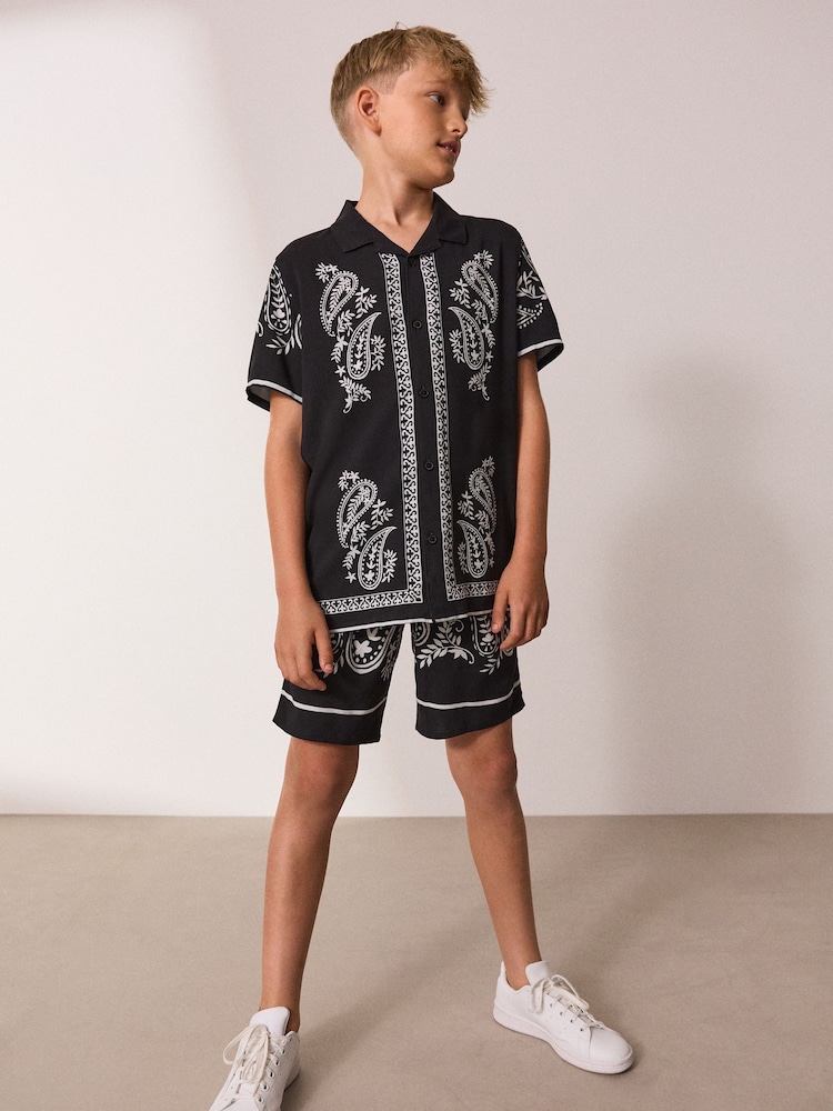 Black/White Short Sleeve Boarder Printed Shirt and Shorts Set (3-16yrs) - Image 2 of 4
