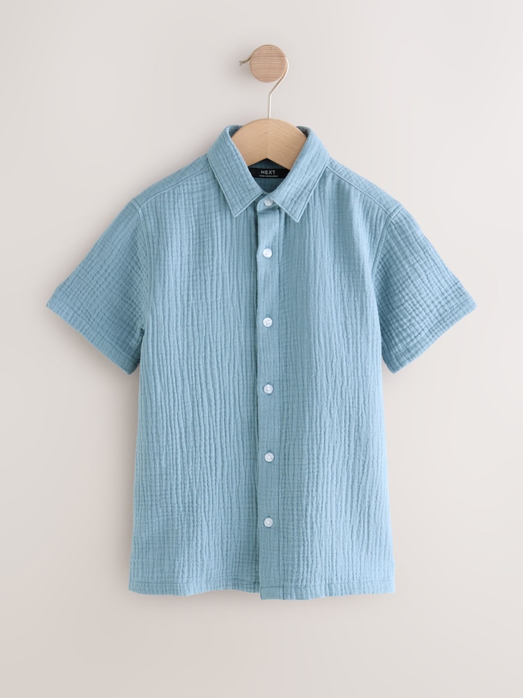 Blue Double Cloth 100% Cotton Short Sleeves Textured Shirt (3-16yrs) - Image 1 of 4