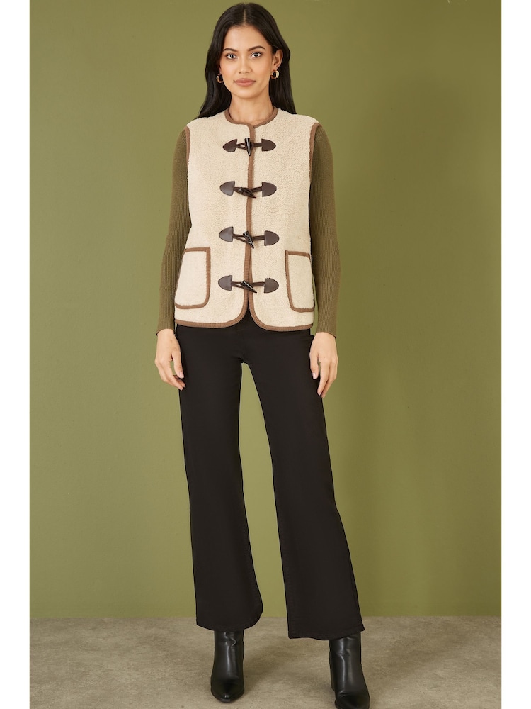Yumi Cream Borg Gilet With Faux Leather Button Details - Image 2 of 5