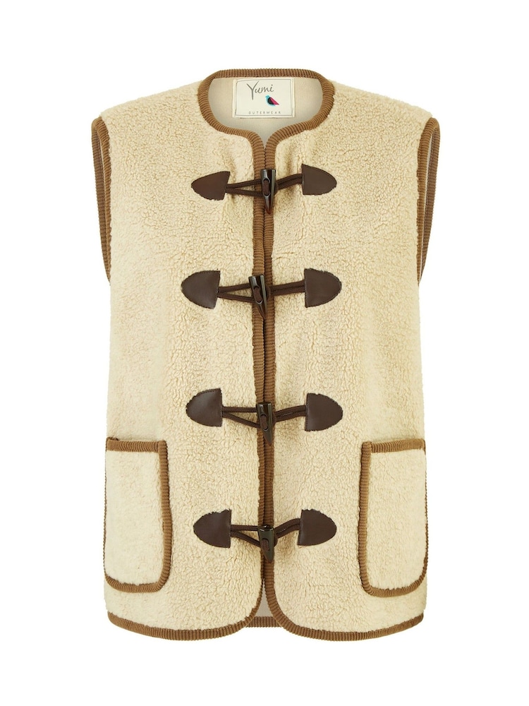 Yumi Cream Borg Gilet With Faux Leather Button Details - Image 5 of 5