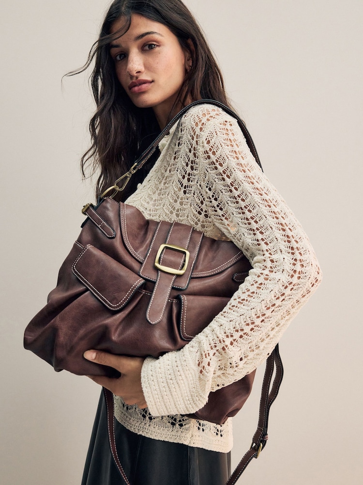 Chocolate Brown Buckle Shoulder Bag - Image 1 of 12