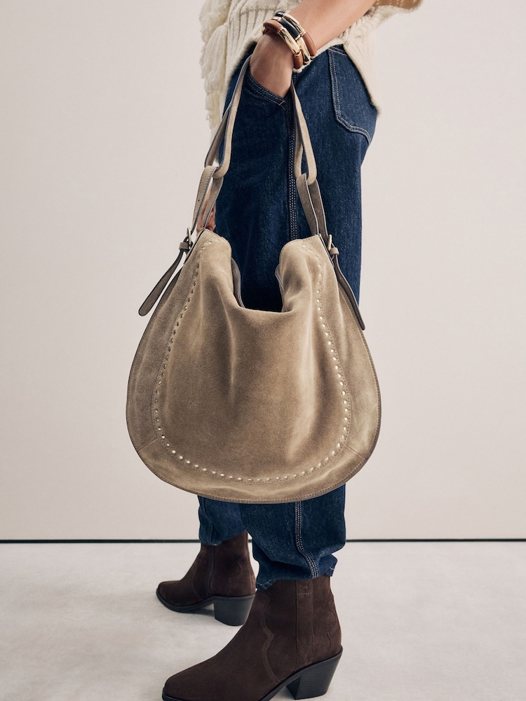 Sand Leather Stud Shoulder Boho Bag - Image 1 of 10