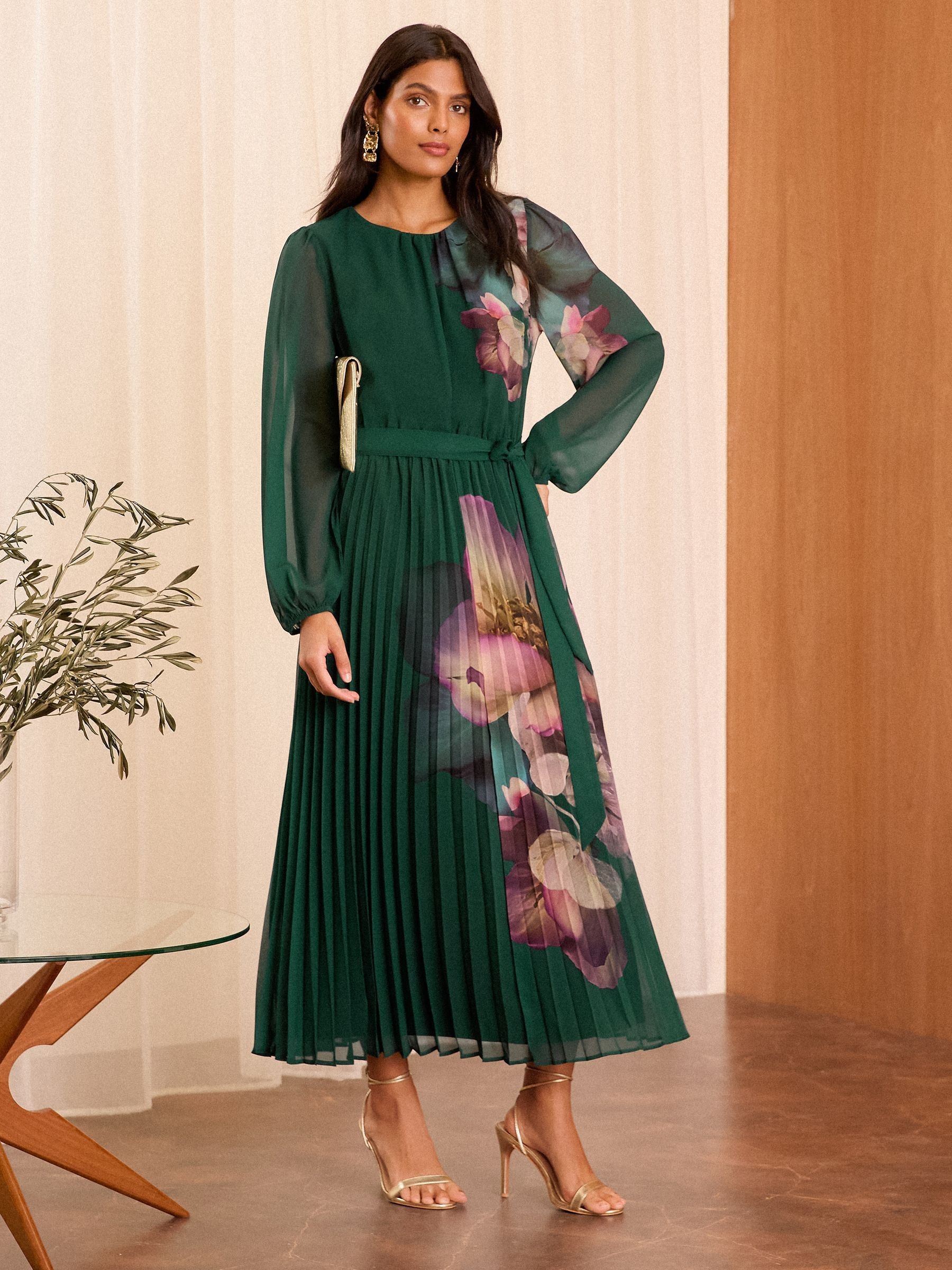 Buy Love & Roses Green Printed Belted Pleated Long Sleeve Midi