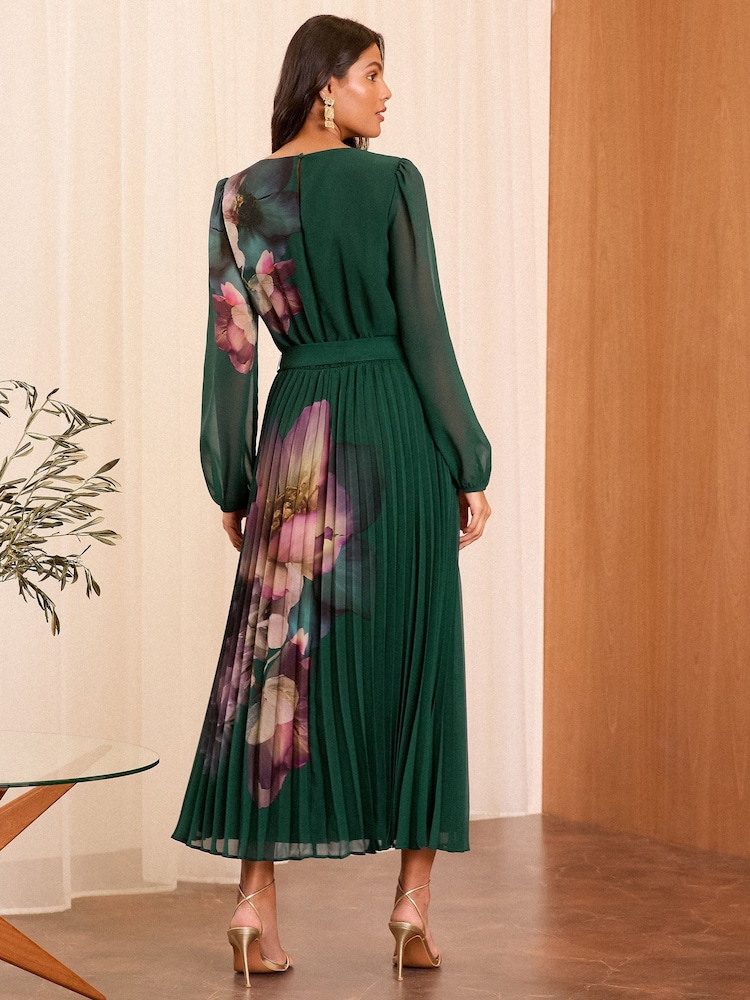 Love & Roses Green Printed Belted Pleated Long Sleeve Midi Dress - Image 4 of 4